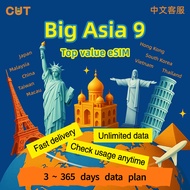 Big Asia 9 (TW, TH, JP, MY, KR, VN, CN, HK, MO) eSIM Data Travel Plan 30 Days Daily 1-2GB Unlimited