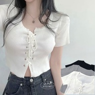Quinn Be Careful Cross Laced-Up Knitted Top 3 Colors Short-Sleeved Top Cross Laced-Up Top Laced-Up K