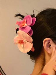 1入女士優雅的紫色和粉色大蝴蝶蘭花爪夾,適用於海灘假期髮型造型boho
