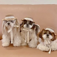 หมวกฟางถักมือหมวกสุนัขน่ารักสำหรับทั้งสองอ่างอาบน้ำแมวและสุนัขหมวกถักลายน่ารัก