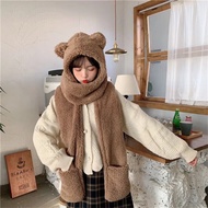 Jennie同款小熊帽子围巾帽子围巾一体女秋冬连帽耳朵保暖连帽 小熊三件套棕色