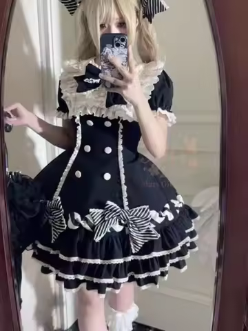 Japanese Sweet Lolita Princess Short Dress Women Pink Y2k Bow Ruches Slim Cute Dresses Female Korea 