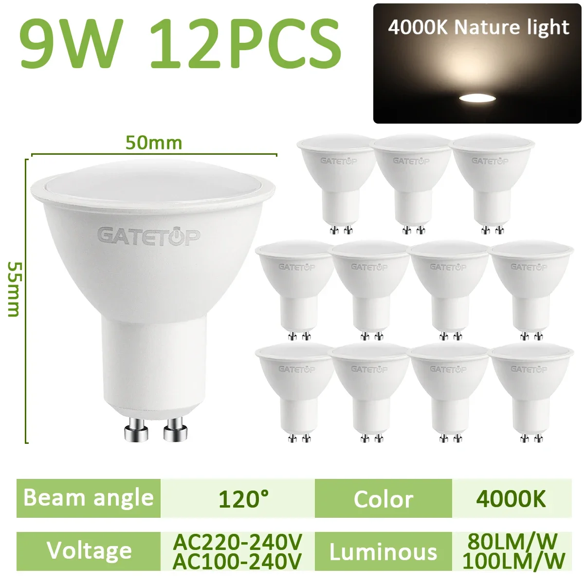 12PCS GU10 LED Bulbs 220V 110V 9W 3000K Warm White 4000K Daylight 6000K Cool White 120° 38° Flood Be