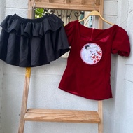 2hand red velvet set, waist 56 to 69cm, length 34cm, code 307