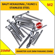 L-BOLT HEXAGONAL M2 STAINLESS STEEL BOLT 25MM LENGTH