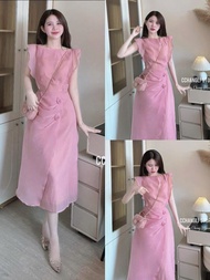 Đầm thời trang vải tơ cao cấp dáng dài qua gối cổ thuyền tay cánh dơi váy đính bông hoa xinh một màu