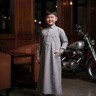 Khaleed Apparel - Thobe Jubah Gamis Tuxedo Kids Slimfit Obaid Sultan Collar Light Grey Kurta Kids Ku