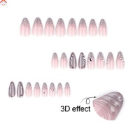 24PCS Fake Nails with French 3D Pearl Rhinestone Cat Eyes Almond Design for Women