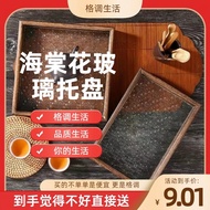 Retro Transparent Glass Tray Solid Wood Retro Begonia Flower Glass Tray Desktop Storage Tea Tray Wal