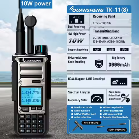 Quansheng TK-11(8) 10W VHF/UHF Dual Band Radio 999CH CTCSS/DCS IP55 2500mAh Type-C NOAA Weather Ala