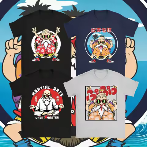 2026 Summer Dragon Ball Master Roshi Oversized T-shirt High Quality 100% Cotton Beach Scene Print Un