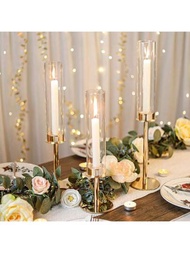 金色玻璃颶風燭台中心裝飾,3入組金色圓錐形防風蠟燭座配玻璃罩,適用於家庭、婚禮、派對室內與室外裝飾