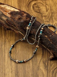 Collar de mujer hecho a mano con turquesa moteada y perlas artificiales Navajo, con collar largo para mujeres, joyería de moda, collar de cuentas adecuado para el trabajo diario y regalos de vacaciones, y joyería femenina. 1 pieza.