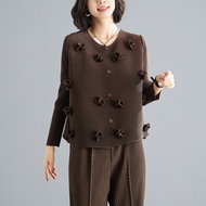 Womens New Autumn Flower Cardigan Top Slim Thin Pleated Jacket