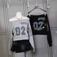 C5043 (Check Stock Before Ordering) Y2K Blockcore Style Off-Shoulder Sweater With Screen Print Numbe