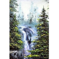 Waterfall Painting Forest Original Artwork 15x10cm /6x4 inch by Oksana Stepanova