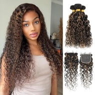 ALHER F1B/27 Blonde Highlight Water Wave (22 24 26+20) 3 Bundles with 4x4 hd Lace Closure Human Hair
