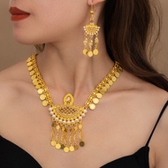 Dubai Gold Jewelry Set Alloy Hollow Pearl Coin Tassel Necklace Earrings Exaggerated Jewelry 1040