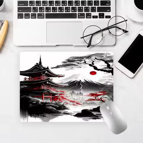 Japanese Landscape Mouse Pad - Red Pagoda Design, 290X250X2mm K Non-Slip Rubber Base, Durable Stitch
