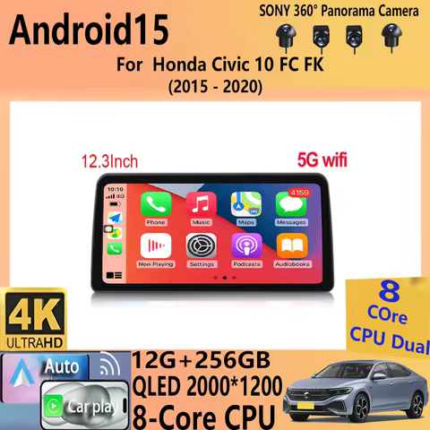12.3“For Honda Civic 10 FC FK 2015 - 2020 Android 15 Car Radio Multimedia Player GPS Autoradio Carpl