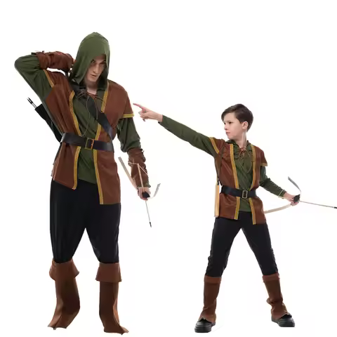 Family Vintage Green Archer Costume Halloween Forest Hunter Hoodie Suit Hoilday Party Cosplay Carniv