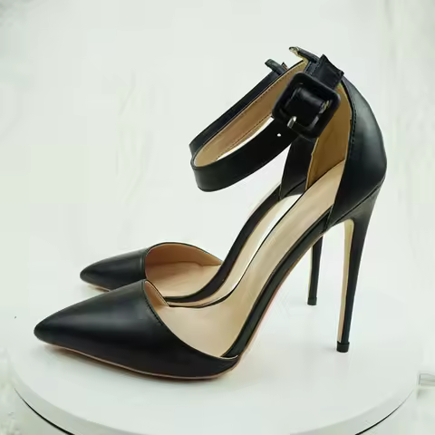 Black 8cm 10cm 12cm high thin heels pointed toe ankle buckle strap customize party dating elegant co