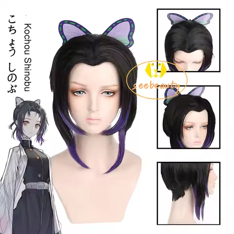 Anime Demon Slayer Shinobu Kocho Cosplay Wig Butterfly Clip Role Play Woman Heat Resistant Synthetic