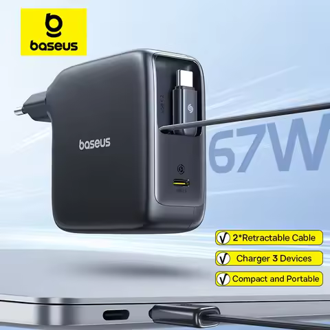 Baseus 67W GaN Charger With Dual Retractable Cable Fast Charger for iPhone Xiaomi Samsung Travel Cha