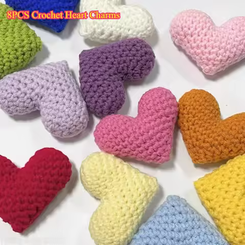 8PCS Crochet Heart Charms - Colorful Handmade Yarn Hearts for Knitting, DIY Crafts, Clothing & Bag D