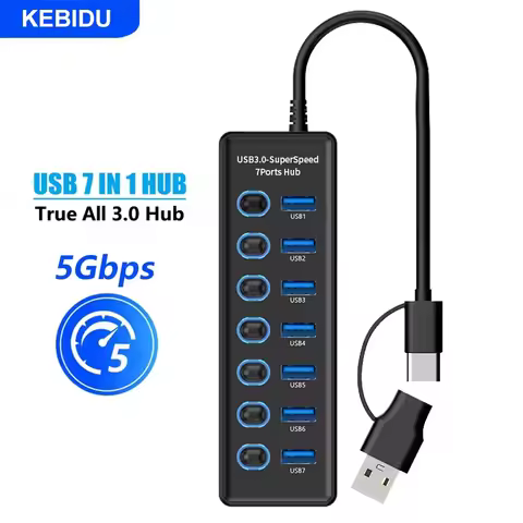 KEBIDU USB3.0 Type-C Hub 7-Port Splitter Switch 5Gbps High Speed USB Hub Adapter for Macbook Phone T