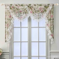 Pastoral Flower Sheer Curtain Waterfall Valance With White Lace Ruffled Trim Rod Pocket Customized Kitchen Swag Valance Faux Linen Textured Voile Curtain Head for Patio Door UNUI