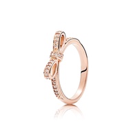 รับประกัน 1 ปี PANDORA เดิมแพนโดร่า Rose Gold เงาโบว์แหวนแหวนร่วม 180906CZ ผู้หญิง