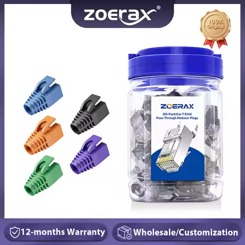 ZoeRax 50PCS Shielded RJ45 Cat7 Cat6A Pass Through connectors kit 3 Prong 8P8C Gold Plated 2-Piece P