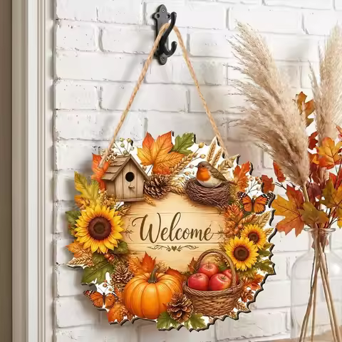 Fall Welcome Door Sign Autumn Pumpkin Sunflower Wreath Hanging Ornament Harvest Thanksgiving Front D