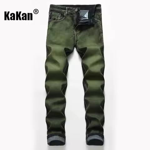 Kakan - European and American New Elastic Jeans Men's Wear, High Street Washed Old Green Black Long