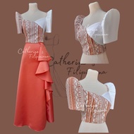 Modern Filipiniana Ethnic Top with Rust Orange Ruffles Skirt