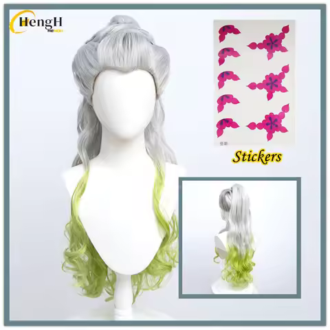 In Stock Anime Daki Synthetic Hair Long 90cm Silver Green Gradient Curly Wig Heat Resistant Hair Hal