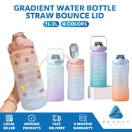 Gradient Water Bottle - 1L/2L, Time Marker, Straw, Leak-Proof, Pastel, for Sports