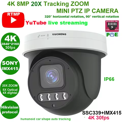 4K 8MP 30fps 20X ZOOM POE Human Auto Tracking RTMP PTZ IP Camera RTMP Hikvision Protocol 256SD TF Ca