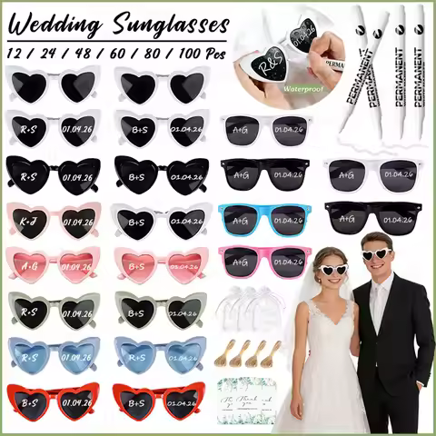 12-100Pcs Wedding Sunglasses for Guests Heart Shaped Sunglasses Bachelorette Party Glasses Bridal Sh