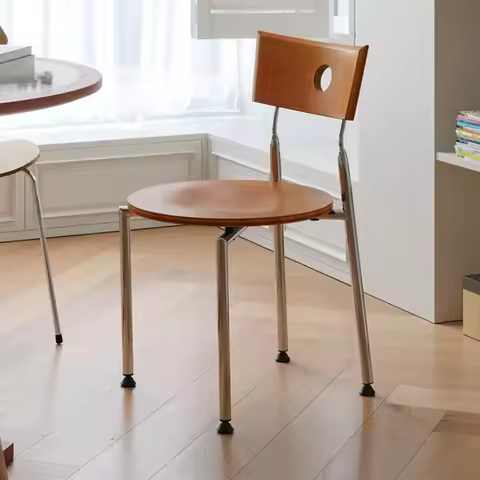 Mid-Century Modern Stackable Dining Chair Hollow Hole Wood Back Chrome Frame Round Seat Side Chair f