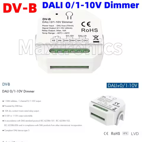 DALI to 0/1-10V Dimmer DV-B (DT5) AC 100-240V DIN Rail Mount 0-100% Dimming Signal Output 1CH*20mA f
