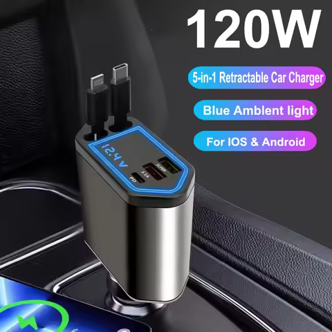 120W 5 In 1 Retractable Car Charger USB C Cable 3 Ports with Retractable Cords with Volt Display For