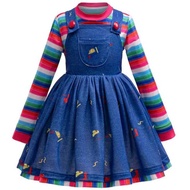Movie Chucky Doll Cosplay Costume Kids Striped Top+Print Suspender For Little Girls Horror Halloween