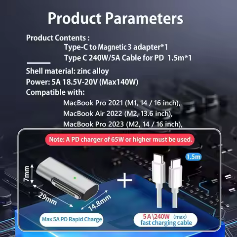 USB C to Magnetic 3 140W Charging Adapter Compatible with MacBook Pro 2023 (M2, 14/16 inch), Air 202