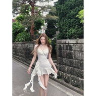 Dream Seven77 Womens Short Sleeve Irregular Hem Dress High Waist Sweet Style Bubble Sleeve Princess