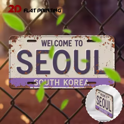 HD Aluminum Metal Sign, Welcome to Seoul South Korea Vintage Rusty License Plate Style Wall Decor, R