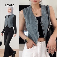 Lovito Casual Plain Button Denim Top for Women LNE66416 Lovito Atasan Denim Kancing Polos Kasual unt