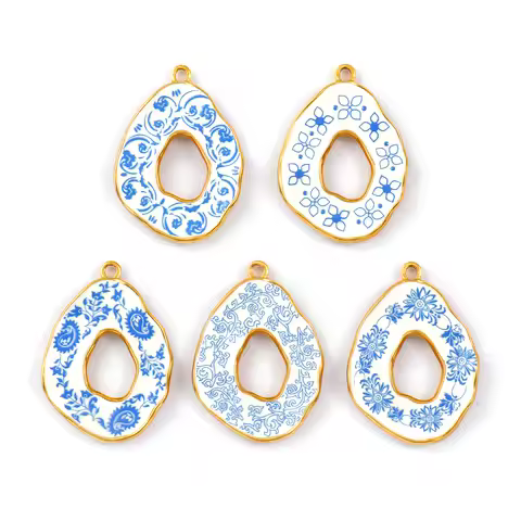 2 PCs 304 Stainless Steel Pendants 18K Gold Plated Blue Drop Flower Printed Charms For DIY Necklace 