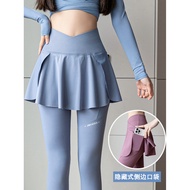 [Ready Stock] Fake Two-Piece Yoga Pants Women High Waist Side Pocket Skirt Shark Pants Outer Wear Fa